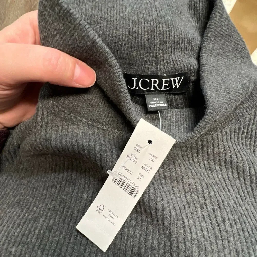 J. CREW Women’s Gray Mock Neck Ribbed Pullover Sweater XL Long Sleeve‎ Soft NWT